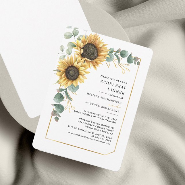 Invitación Eucalipto Floral Ensayo de girasol Cena (Sunflower Floral Eucalyptus Wedding Rehearsal Dinner Invitation)
