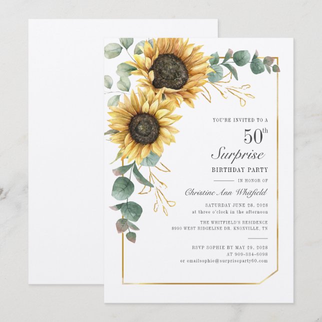 Invitación Eucalipto Floral Guión girasol 50 cumpleaños (Anverso / Reverso)