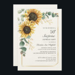 Invitación Eucalipto Floral Guión girasol 50 cumpleaños<br><div class="desc">Eucalyptus Sunflower Floral Script 60th Birthday Invitation puede personalizar fácilmente con los detalles de su fiesta haciendo clic en el botón "Personalizar". Con flores y vegetación amarillo brillante suculento con un marco geométrico de Relieve metalizado dorado y tipografía moderna</div>
