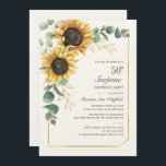 Invitación Eucalipto Floral Guión girasol 50 cumpleaños<br><div class="desc">Eucalyptus Sunflower Floral Script 60th Birthday Invitation puede personalizar fácilmente con los detalles de su fiesta haciendo clic en el botón "Personalizar". Con flores y vegetación amarillo brillante suculento con un marco geométrico de Relieve metalizado dorado y tipografía moderna</div>
