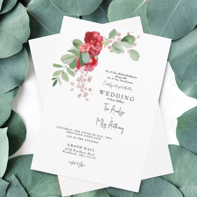 Invitación Eucalipto floral rojo y Rubor ambos padres Boda (Subido por el creador)