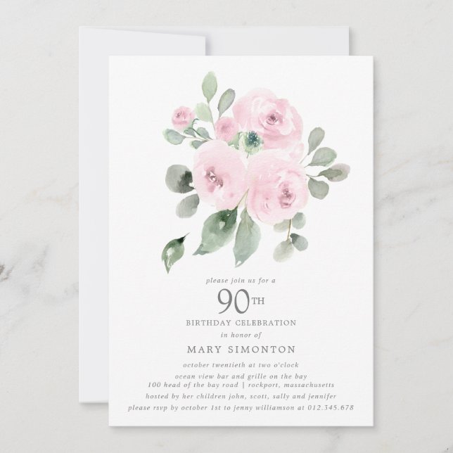Invitación Eucalipto Floral Rosa 90ª fiesta de cumpleaños (Anverso)