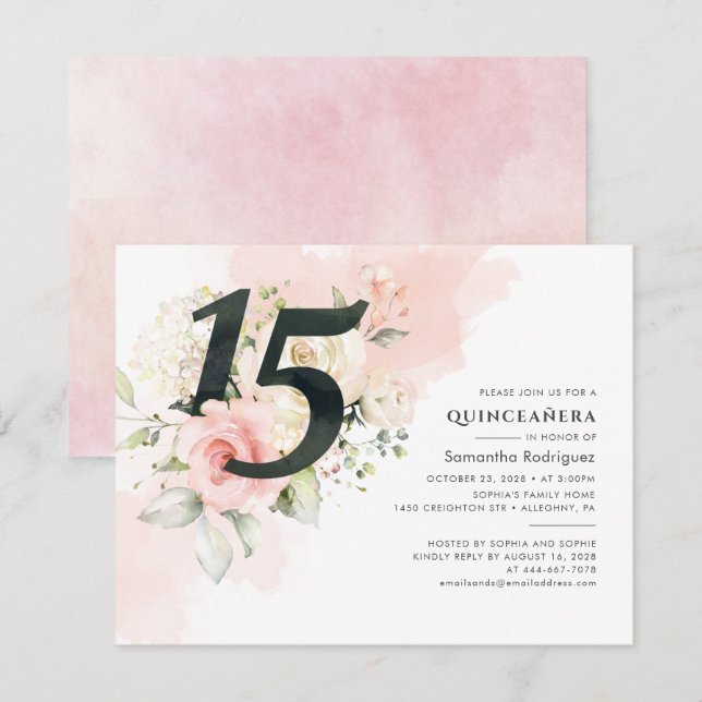Invitación Eucalipto Floral Rosa Quinceanera 15º cumpleaños (Anverso / Reverso)