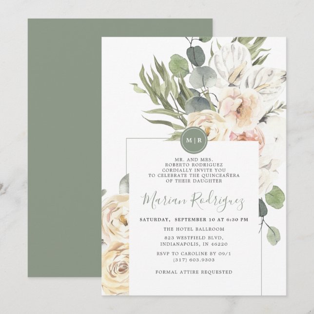 Invitación Eucalipto Floral Verde Único Monograma Quinceañera (Anverso / Reverso)