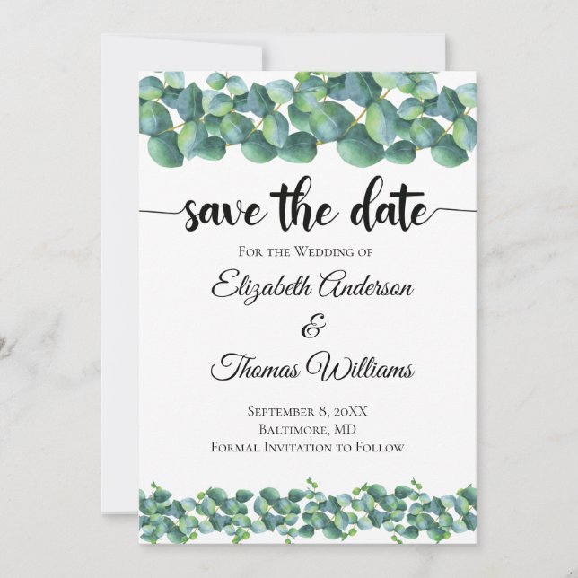 Invitación Eucalipto Formal Elegante Guardar la Fecha (Anverso)