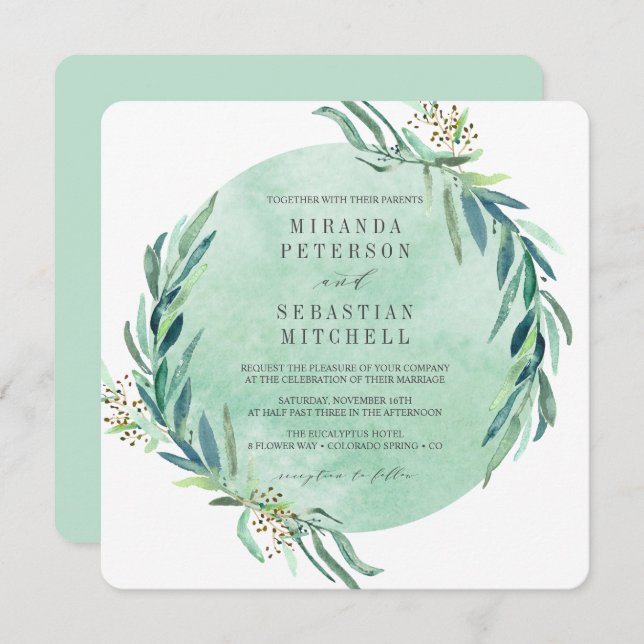 Invitación Eucalipto fresco deja Boda botánico (Anverso / Reverso)