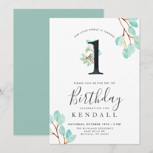 Invitación Eucalipto fresco Verdor Tema 1 cumpleaños