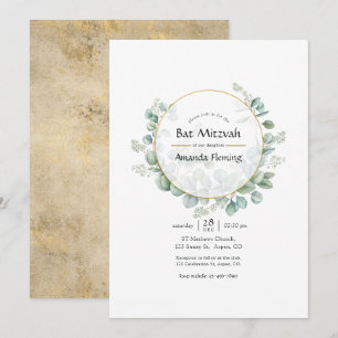 Invitación Eucalipto Geométrico Bar Mitzvah Dorado