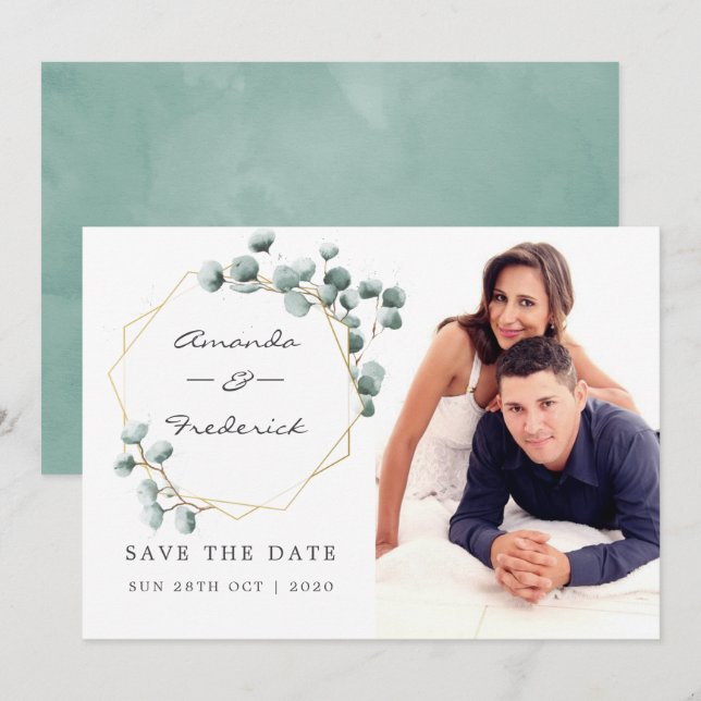 Invitación Eucalipto Geométrico Boda Save the Date (Anverso / Reverso)