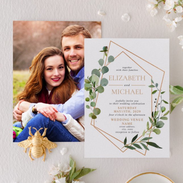 Invitación Eucalipto Geométrico de Cobre Boda de fotografía e (Subido por el creador)