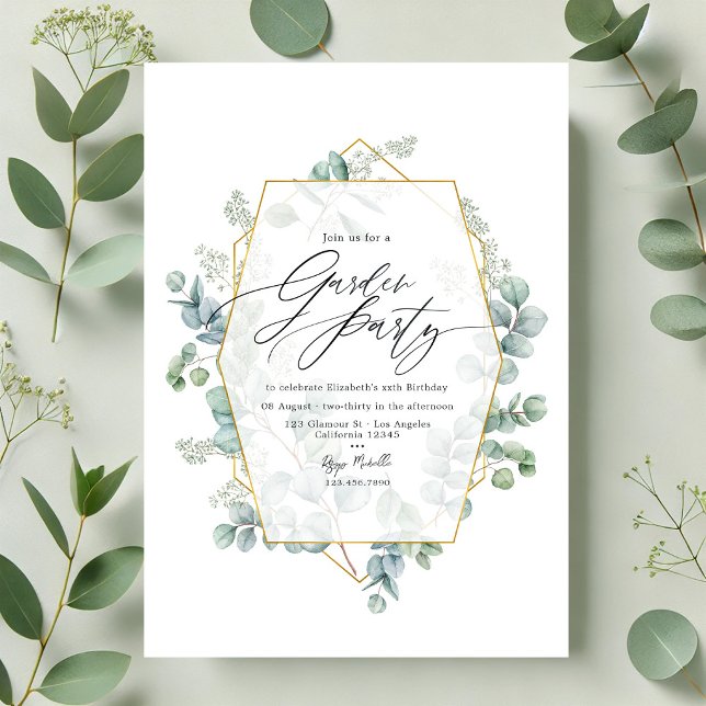 Invitación Eucalipto Geométrico de Moda Jardín de Herbario Fi (Trendy Eucalyptus Geometric Herbarium Garden Party Invitation)