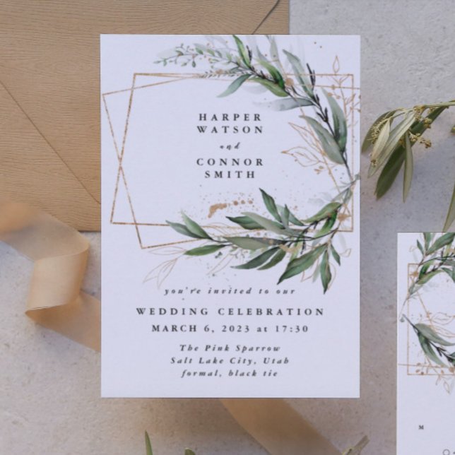 Invitación Eucalipto Geométrico de Oro Elegante Moss de Verdo (Subido por el creador)
