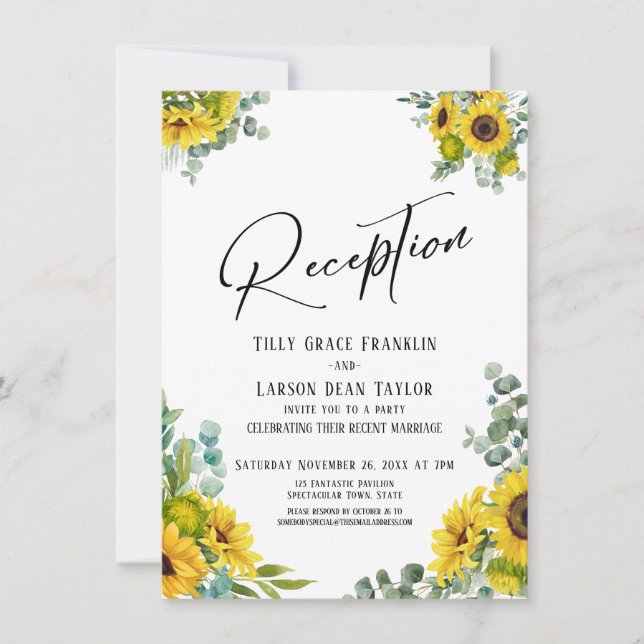 Invitación Eucalipto Girasol Escritura a Mano Recepción (Anverso)