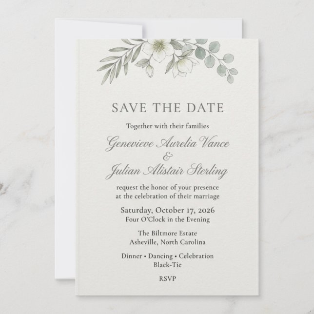 Invitación Eucalipto & Hellebore Elegante Botánico Save  (Anverso)