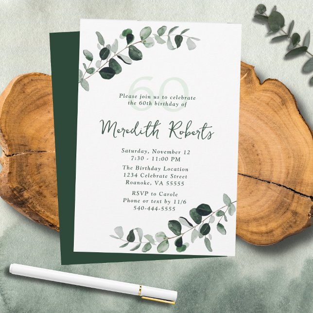 Invitación Eucalipto Jardinería Botánica 60 Cumpleaños (Eucalyptus Botanical Greenery Nature-Inspired 60th Birthday Party Invitation)