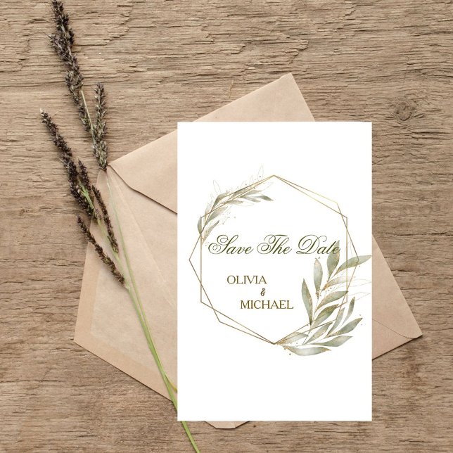 Invitación Eucalipto Marco Geométrico Dorado Save The Date (Subido por el creador)