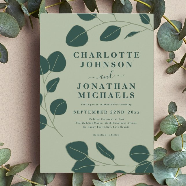 Invitación Eucalipto minimalista deja Boda verde (Modern minimalist leaf sage green wedding invitation with stylish elegant typography )