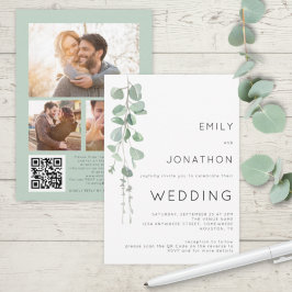 Invitación Eucalipto Moderno 3 Fotos Código QR Boda