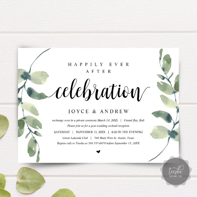 Invitación Eucalipto moderno, celebración del Elopement Boda (Wedding Elopement Dinner, Party, Celebration Invitation card, Modern Eucalyptus, Downloadable)