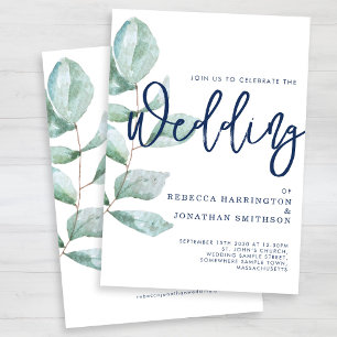 Invitación Eucalipto Moderno Mínimo Boda Azul de la Marina Ve