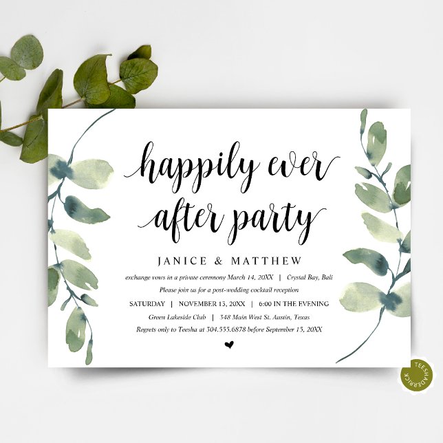 Invitación Eucalipto moderno, negro, fiesta de boda clandesti (Wedding Elopement Party,  Dinner and Dancing Invitation Card, in Modern Eucalyptus Greenery themed)