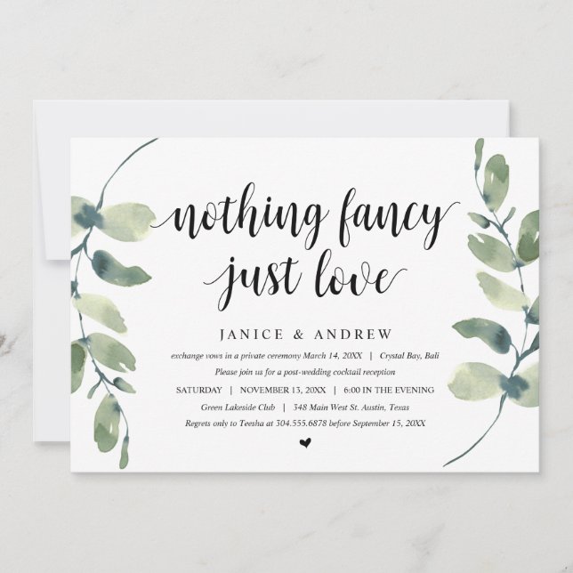 Invitación Eucalipto moderno, negro, fiesta de boda íntima (Anverso)