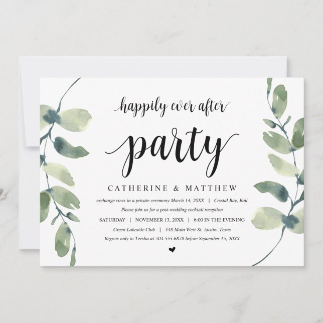 Invitación Eucalipto moderno, negro, Fiesta de Elopement Boda (Anverso)