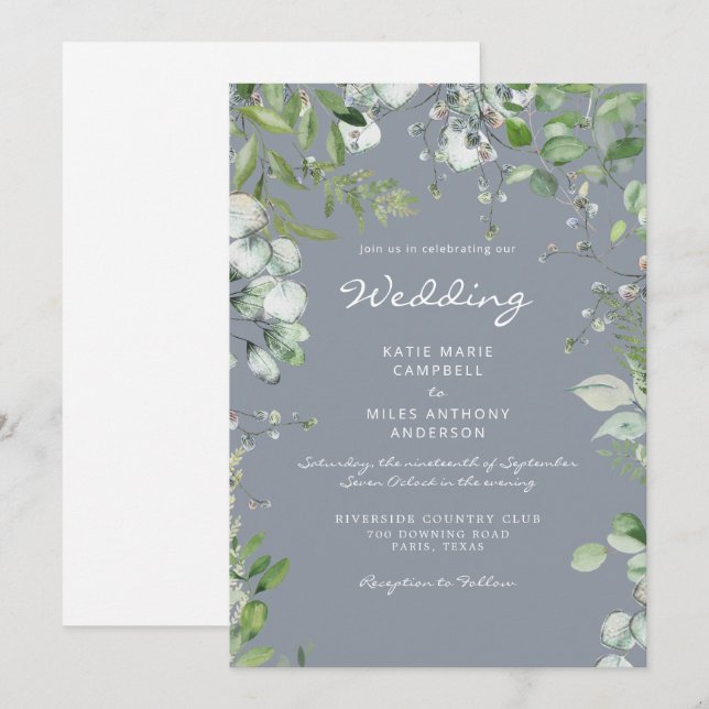 Invitación Eucalipto Moderno Sin Padres Boda Azul Polvoriento (Anverso / Reverso)