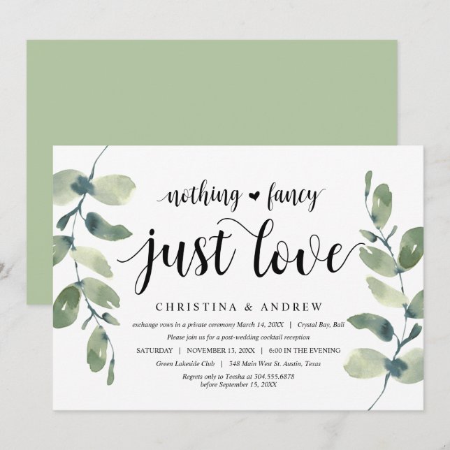 Invitación Eucalipto Moderno, Tinta Negra, Huida de Novios (Anverso / Reverso)