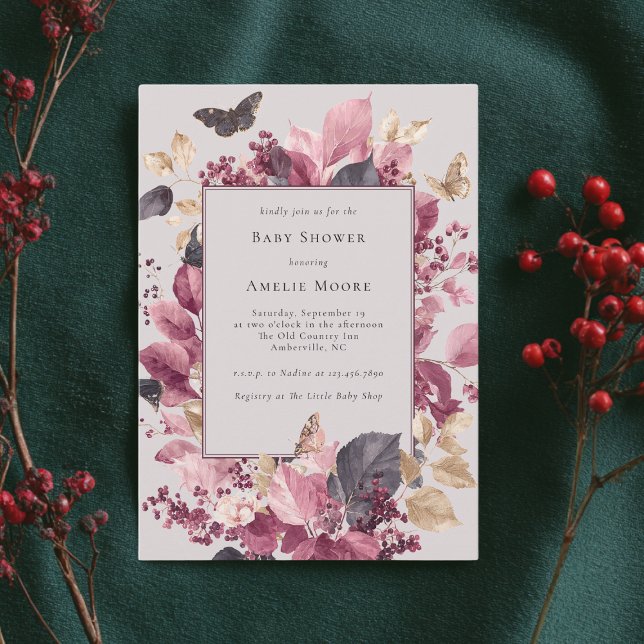 Invitación Eucalipto Morado Las Mariposas Caen Baby Shower (Subido por el creador)