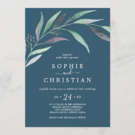 Invitación Eucalipto morado y verde | Boda Casual Azul