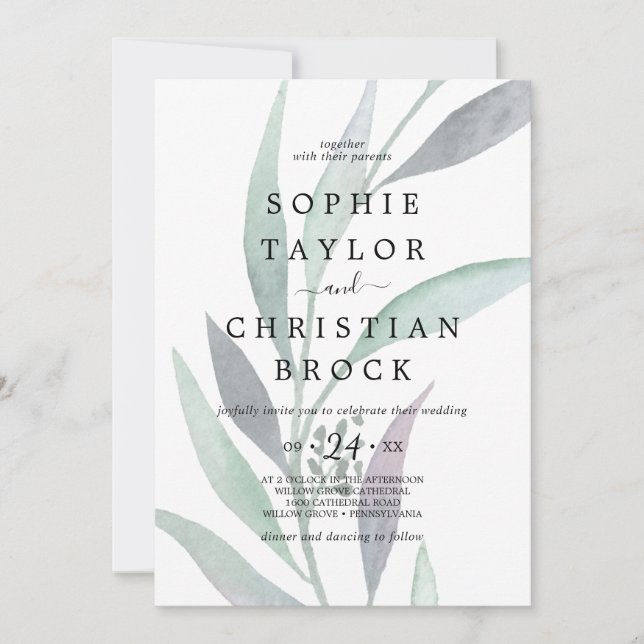 Invitación Eucalipto morado y verde Boda de follaje alterado (Anverso)