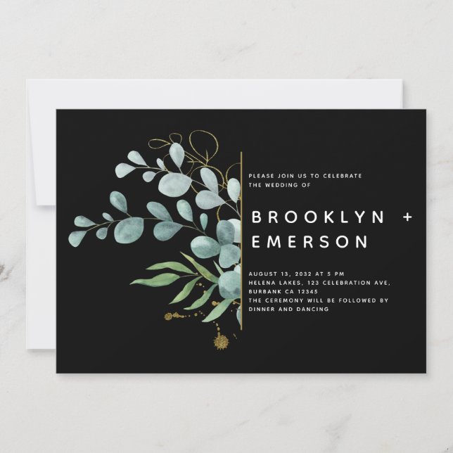 Invitación Eucalipto negro Relieve metalizado dorado Boda mod (Anverso)