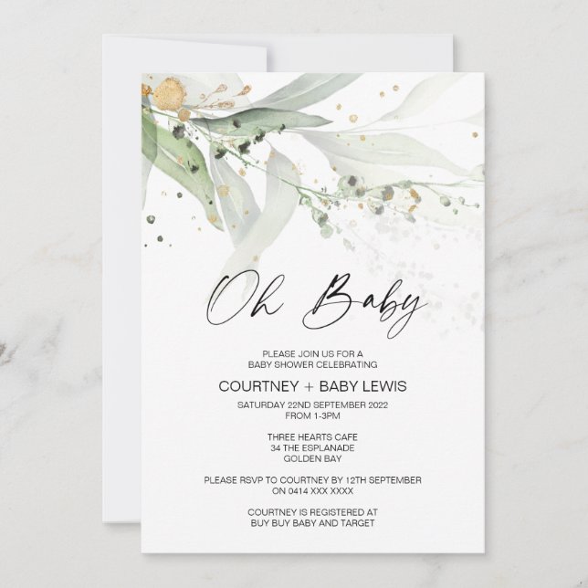 Invitación Eucalipto neutro de género Oh Baby Shower (Anverso)