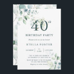 Invitación Eucalipto Número botánico 40 Fiesta de cumpleaños<br><div class="desc">Esta invitación a la fiesta de 40 años incluye eucalipto de color agua pintado y hojas verdes con números botánicos verdes y dorados.</div>
