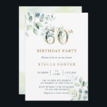 Invitación Eucalipto Oro Fiesta Botánica de Cumpleaños 60<br><div class="desc">Esta invitación a la fiesta de cumpleaños número 60 incluye eucalipto de color agua pintado y hojas verdes con números de oro botánico.</div>