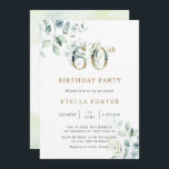 Invitación Eucalipto Oro Fiesta Botánica de Cumpleaños 60<br><div class="desc">Esta invitación a la fiesta de cumpleaños número 60 incluye eucalipto de color agua pintado y hojas verdes con números de oro botánico.</div>