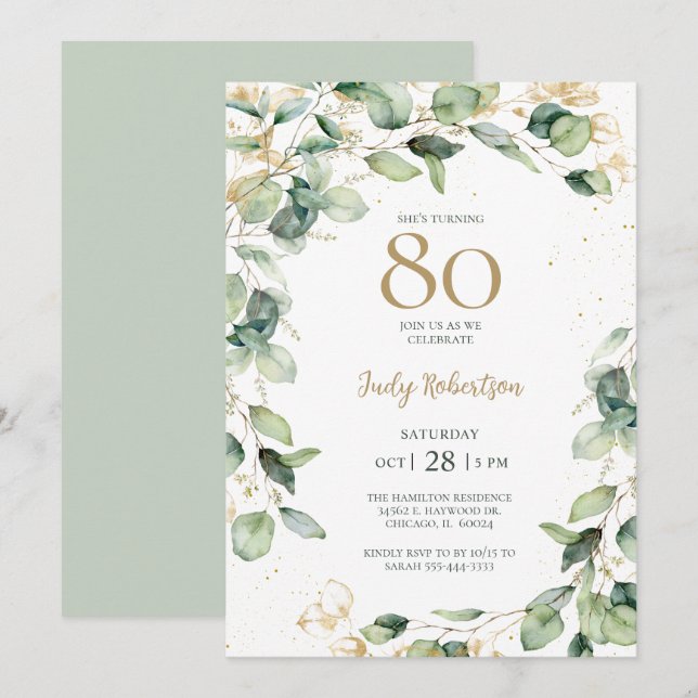 Invitación Eucalipto para 80 cumpleaños (Anverso / Reverso)