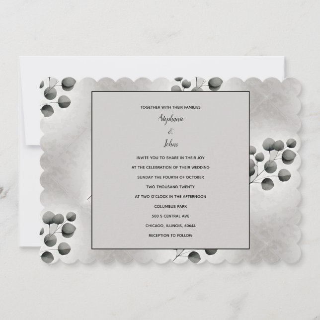 Invitación Eucalipto Patrón de hojas Boda gris blanco negro (Anverso)
