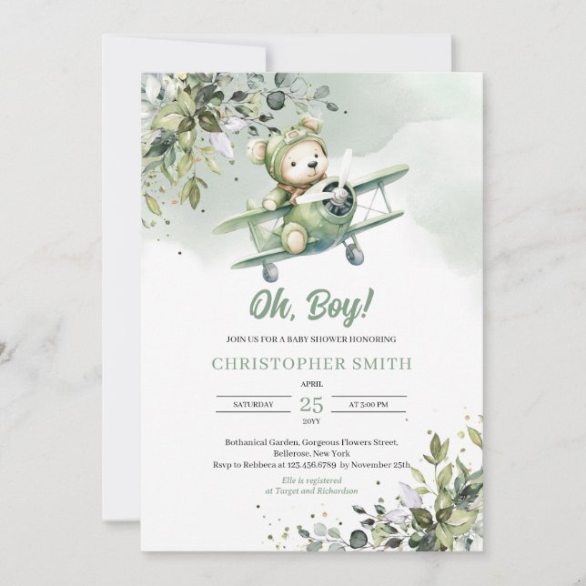 Invitación Eucalipto piloto de osito de peluche neutro en mat (Anverso)