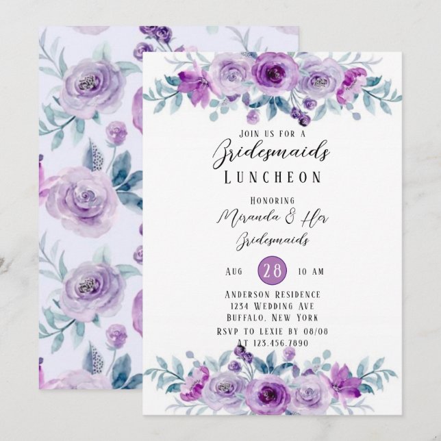 Invitación Eucalipto Pintado Púrpura Bridesmaids Almuerzo (Anverso / Reverso)