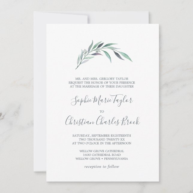 Invitación Eucalipto púrpura y verde Boda formal (Anverso)