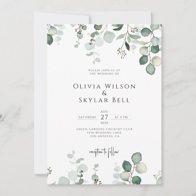 Invitación Eucalipto QR Botánico Mínimo En Un Boda (Anverso)