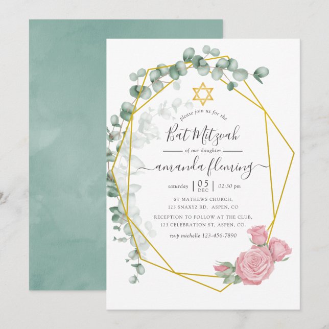 Invitación Eucalipto Rosa Bat Mitzvah Geométrico (Anverso / Reverso)