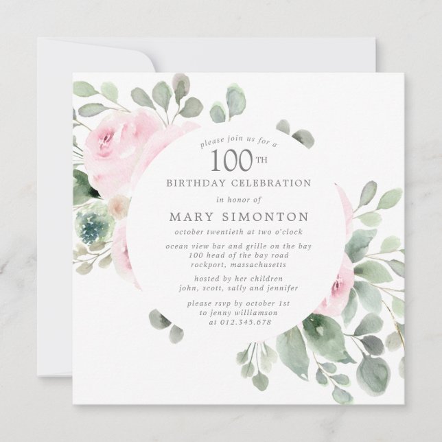 Invitación Eucalipto rosa floral de rosa 100 cumpleaños (Anverso)