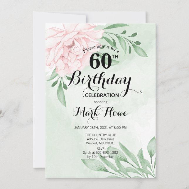 Invitación Eucalipto Rosa Foliage 60º cumpleaños (Anverso)