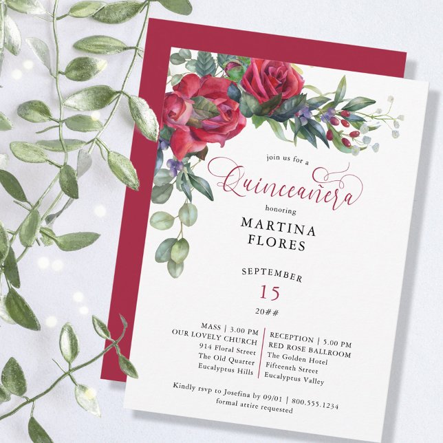 Invitación Eucalipto Rosa Rojo Masas Elegantes y Quinceanera (Subido por el creador)