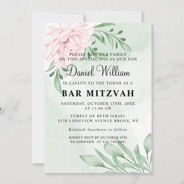 Invitación Eucalipto Rosa Suculento Foliage Bar Mitzvah (Anverso)
