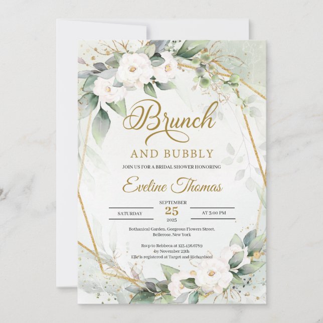 Invitación Eucalipto rosas blancas brunch de oro y burbuja (Anverso)