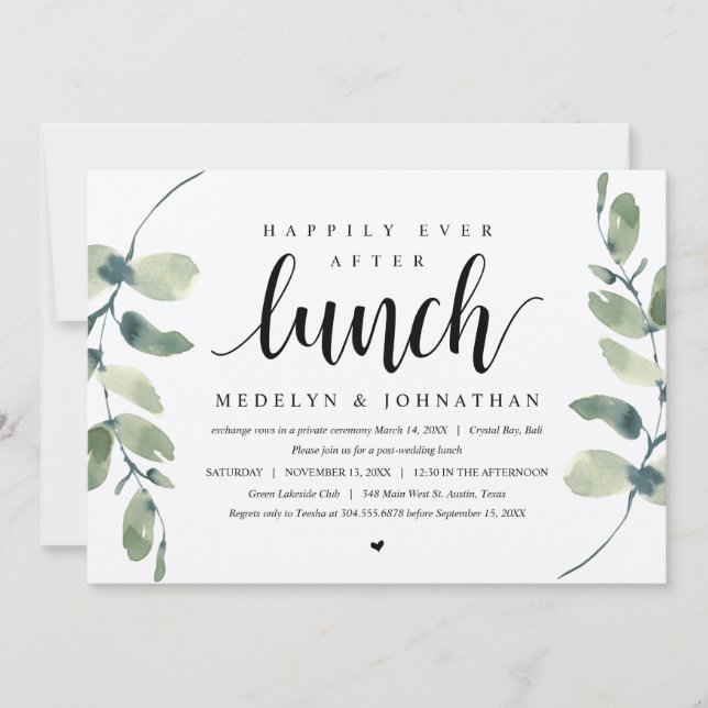 Invitación Eucalipto Rústico, Almuerzo de Boda Fugaz (Anverso)